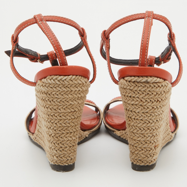 Pre Owned Burberry Orange Leather Espadrille Wedge T-Strap Sandals Size 37.5