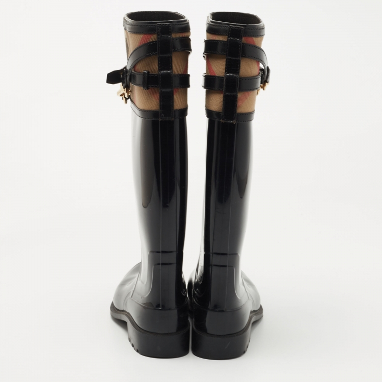 Pre Owned Burberry Black/Beige Patent Leather and House Check Canvas Knee Length Boots Size 39
