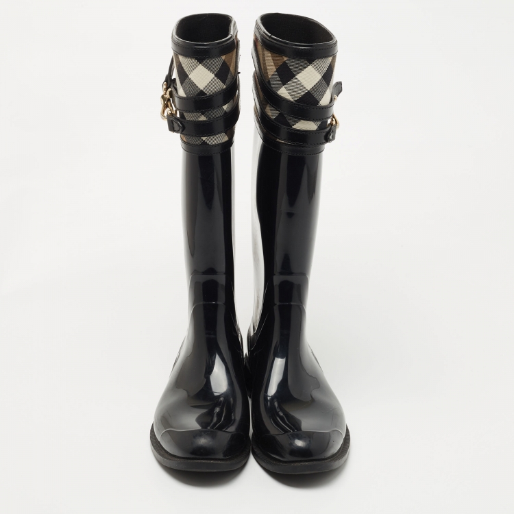 Pre Owned Burberry Black/Beige Patent Leather and House Check Canvas Knee Length Boots Size 39