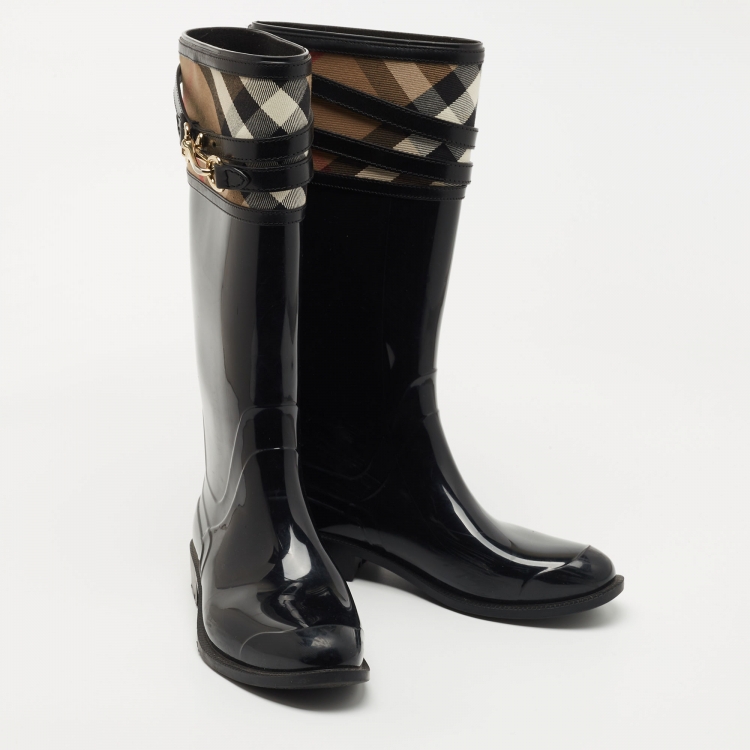 Pre Owned Burberry Black/Beige Patent Leather and House Check Canvas Knee Length Boots Size 39