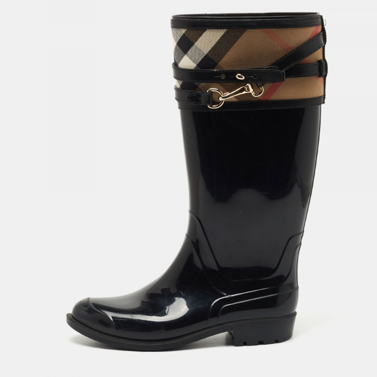 Pre Owned Burberry Black/Beige Patent Leather and House Check Canvas Knee Length Boots Size 39