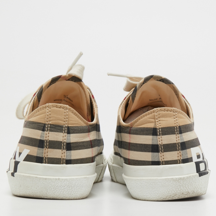 Pre Owned Burberry Beige/White Vintage Check Canvas and Rubber Larkhall Sneakers Size 37