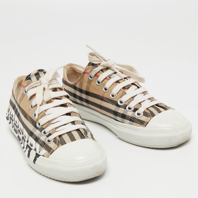 Pre Owned Burberry Beige/White Vintage Check Canvas and Rubber Larkhall Sneakers Size 37
