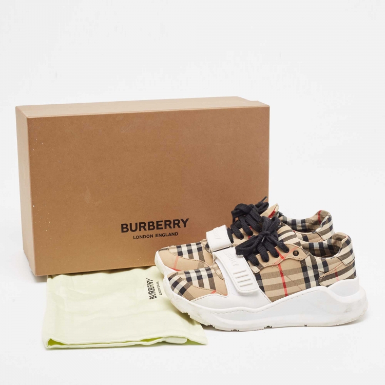 Pre Owned Burberry White/Beige Check Canvas and Rubber Regis Chunky Sneakers Size 38