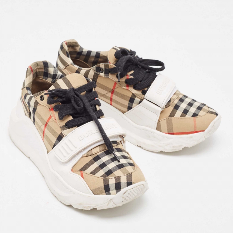 Pre Owned Burberry White/Beige Check Canvas and Rubber Regis Chunky Sneakers Size 38