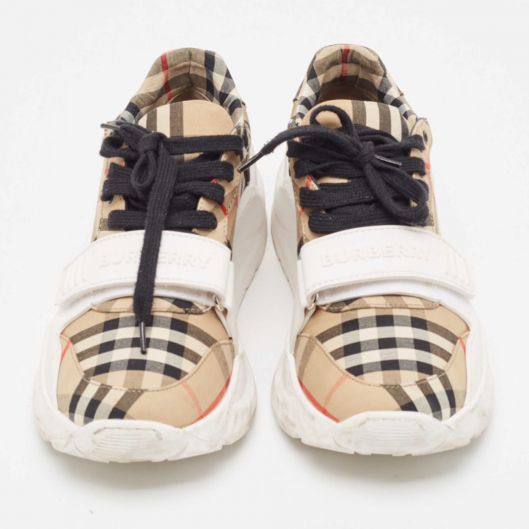 Pre Owned Burberry White/Beige Check Canvas and Rubber Regis Chunky Sneakers Size 38