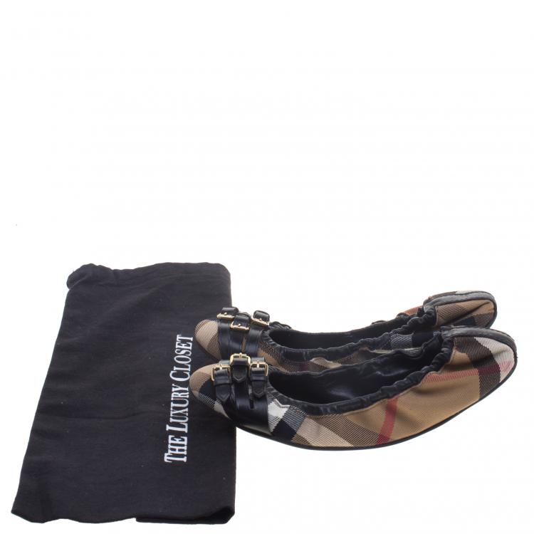 Pre Owned Burberry Brown Novacheck Canvas and Leather Buckle Ballet Flats Size 39