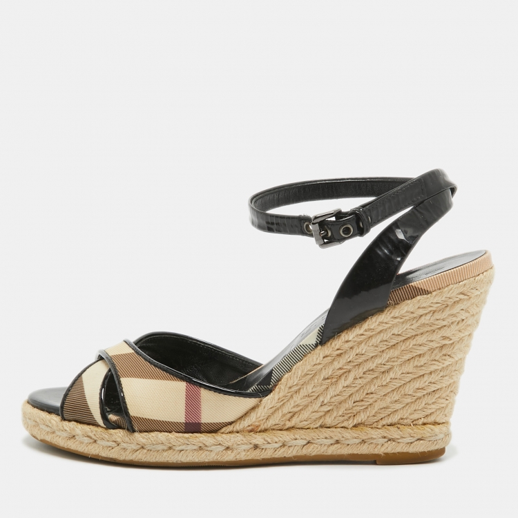 Pre Owned Burberry Black Patent Leather And Novacheck Canvas Espadrille Wedge Sandals Size 37