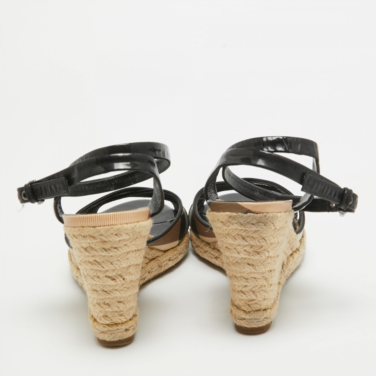 Pre Owned Burberry Black Patent Leather And Novacheck Canvas Espadrille Wedge Sandals Size 37