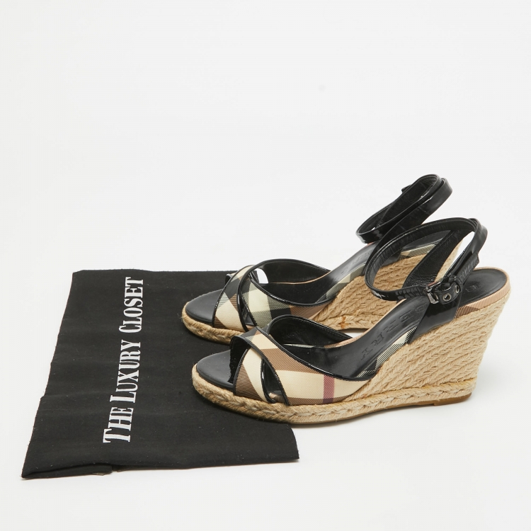 Pre Owned Burberry Black Patent Leather And Novacheck Canvas Espadrille Wedge Sandals Size 37