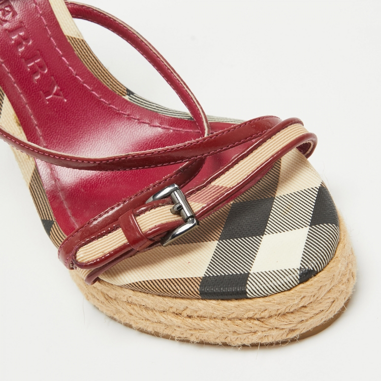 Pre Owned Burberry Red/Beige Patent Leather and House Check Canvas Tenbury Wedge Platform Sandals Size 37