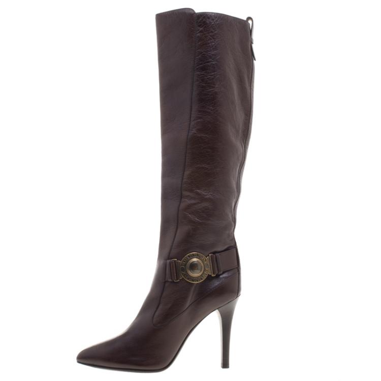 Pre Owned Burberry Brown Leather Pointed Toe Knee Length Boots Size 37.5