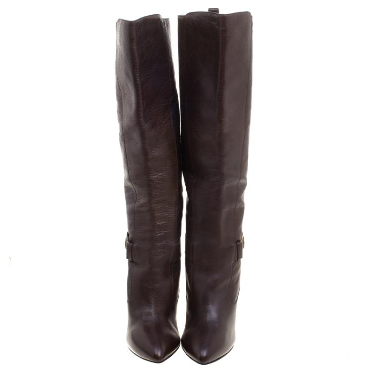 Pre Owned Burberry Brown Leather Pointed Toe Knee Length Boots Size 37.5