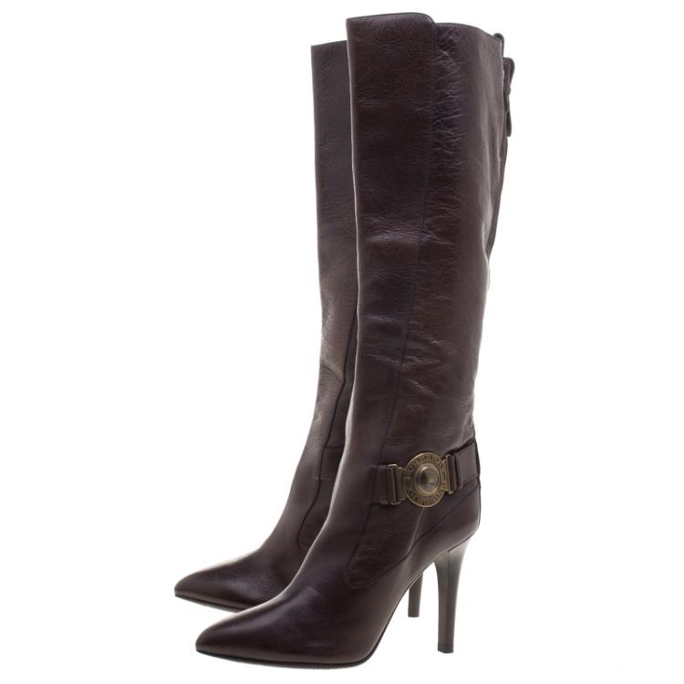 Pre Owned Burberry Brown Leather Pointed Toe Knee Length Boots Size 37.5