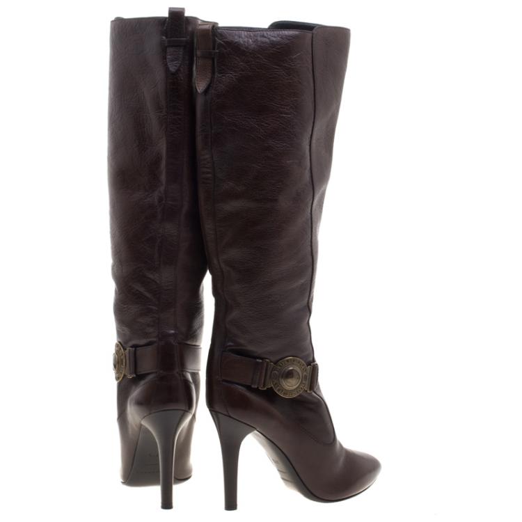 Pre Owned Burberry Brown Leather Pointed Toe Knee Length Boots Size 37.5