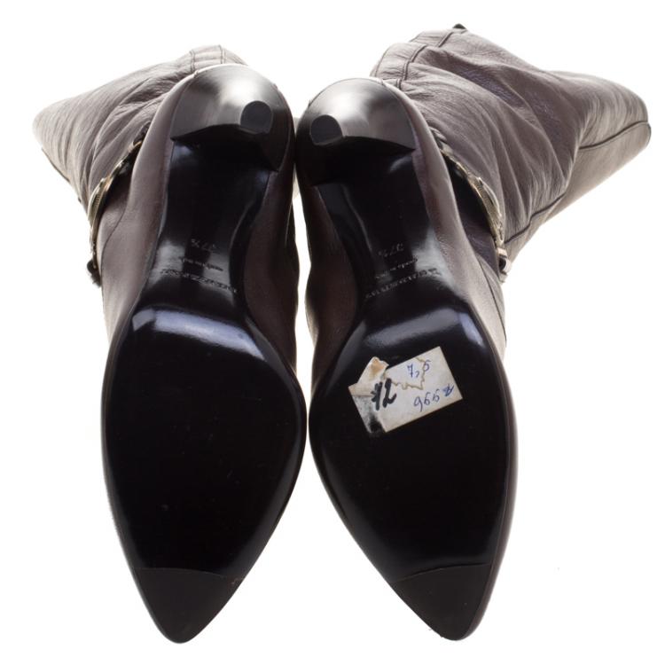 Pre Owned Burberry Brown Leather Pointed Toe Knee Length Boots Size 37.5