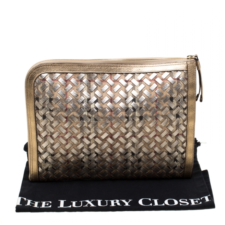 Pre Owned Burberry Gold/Beige Haymarket Check PVC and Leather Document Case