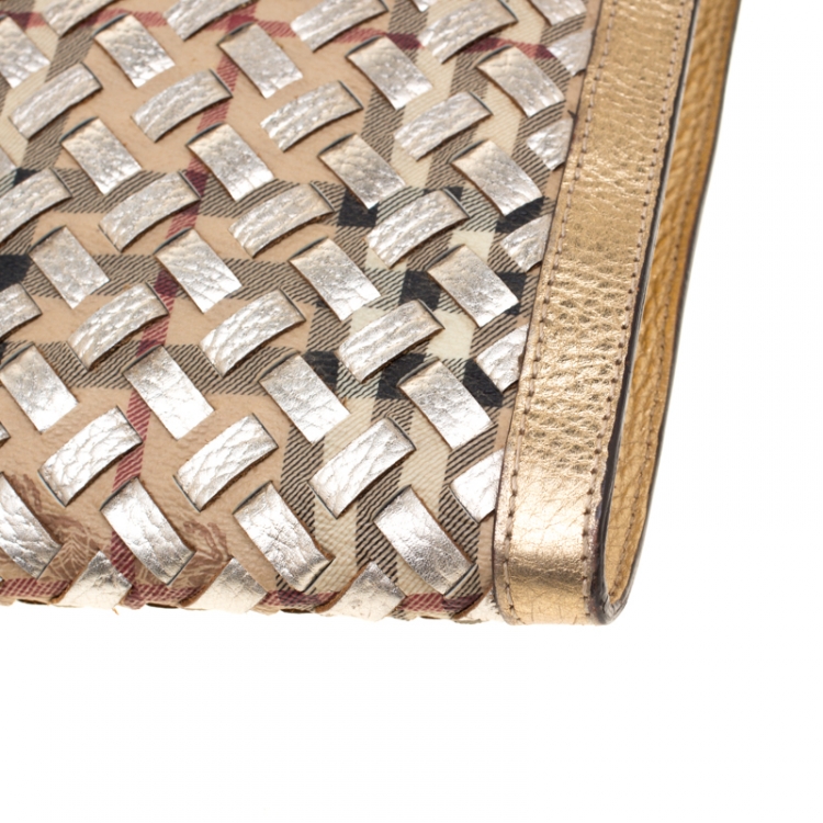 Pre Owned Burberry Gold/Beige Haymarket Check PVC and Leather Document Case