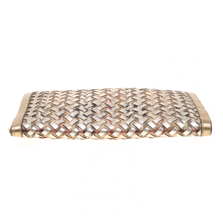 Pre Owned Burberry Gold/Beige Haymarket Check PVC and Leather Document Case