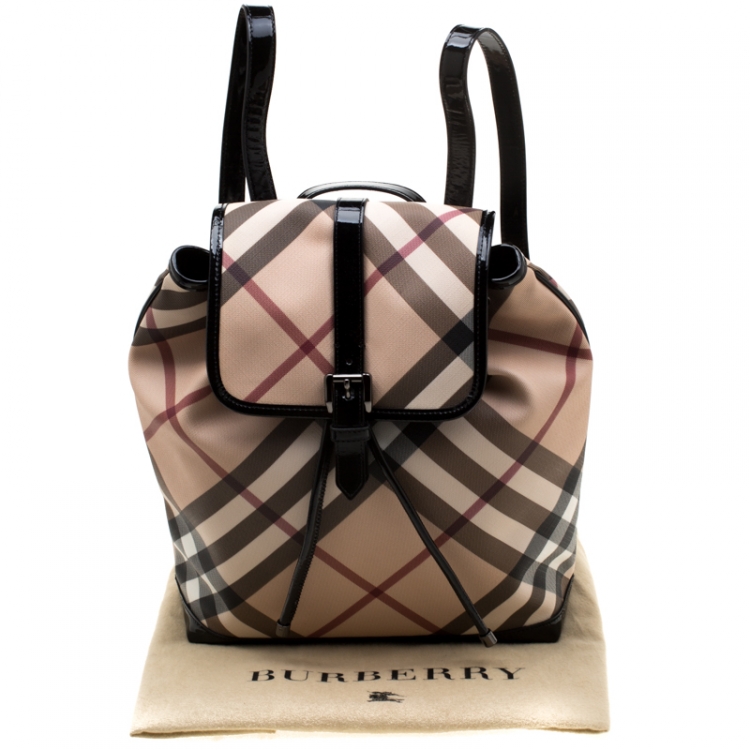 Pre Owned Burberry Black/Beige Nova Check PVC and Patent Leather Backpack
