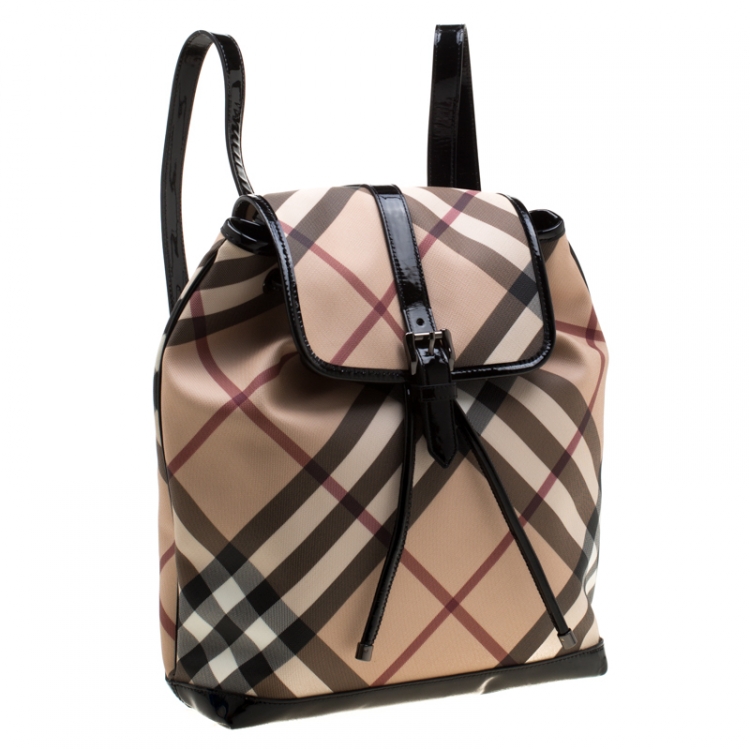 Pre Owned Burberry Black/Beige Nova Check PVC and Patent Leather Backpack