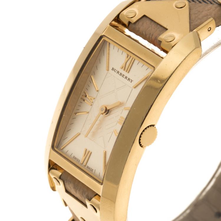 Pre Owned Burberry Yellow Gold Plated Stainless Steel Novacheck Women's Wristwatch 25 mm