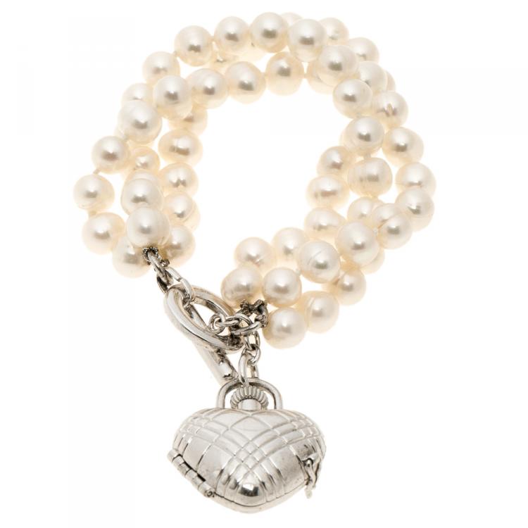 Pre Owned Burberry Mother of Pearl Sterling Heart Locket & Pearl BU5205 Bracelet Watch 27 mm