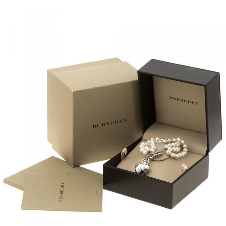 Pre Owned Burberry Mother of Pearl Sterling Heart Locket & Pearl BU5205 Bracelet Watch 27 mm
