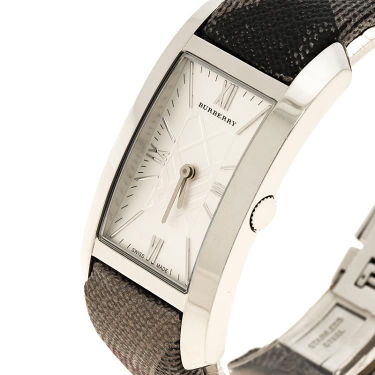 Pre Owned Burberry Silver White Stainless Steel Heritage BU1114 Women's Wristwatch 25 mm