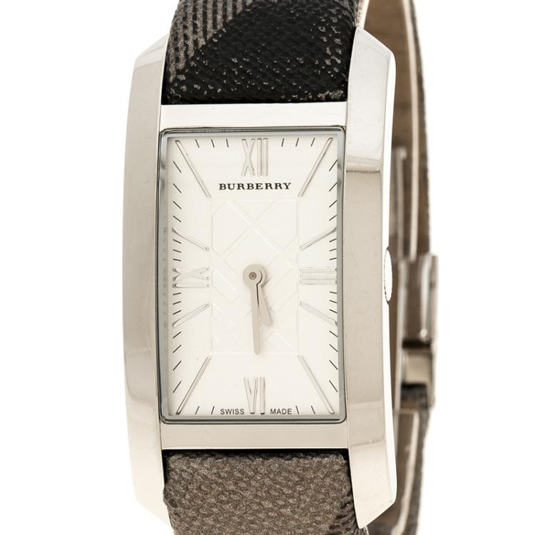 Pre Owned Burberry Silver White Stainless Steel Heritage BU1114 Women's Wristwatch 25 mm