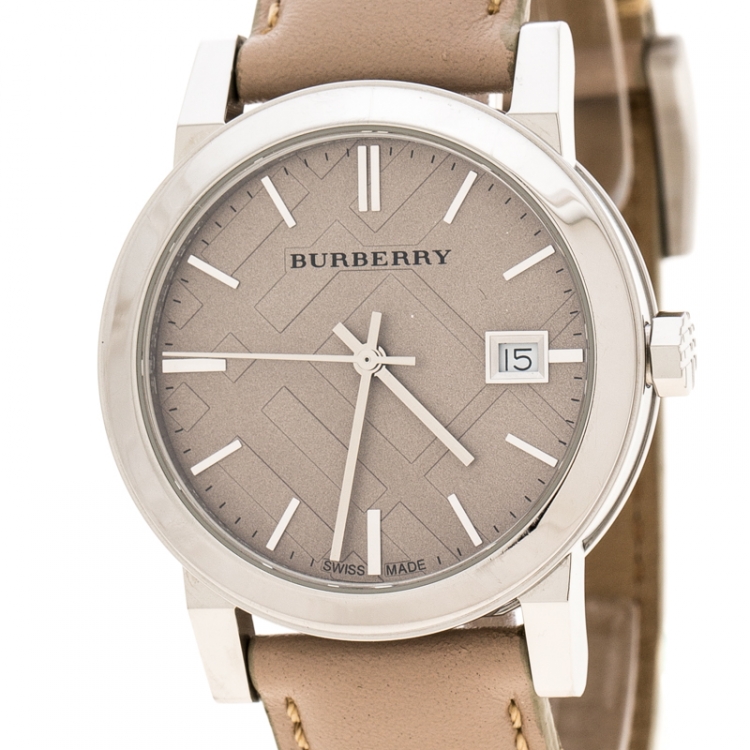 Pre Owned Burberry Beige Check Dial Stainless Steel BU9107 Women's Wristwatch 34 mm