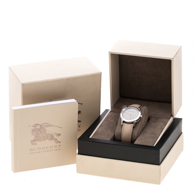 Pre Owned Burberry Beige Check Dial Stainless Steel BU9107 Women's Wristwatch 34 mm