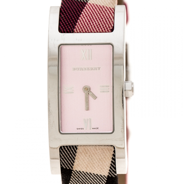 Pre Owned Burberry Silver Pink Stainless Steel Heritage BU1025 Women's Wristwatch 18 mm