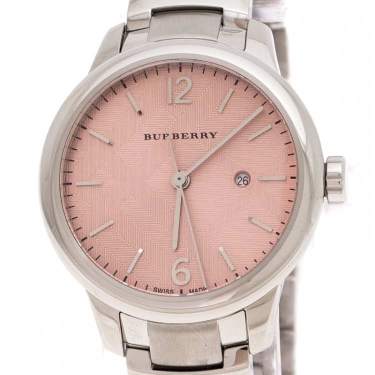Pre Owned Burberry Peach Stainless Steel Classic BU10111 Women's Wristwatch 32 mm
