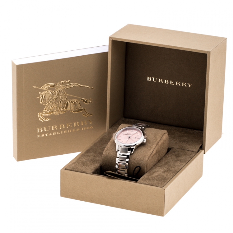 Pre Owned Burberry Peach Stainless Steel Classic BU10111 Women's Wristwatch 32 mm
