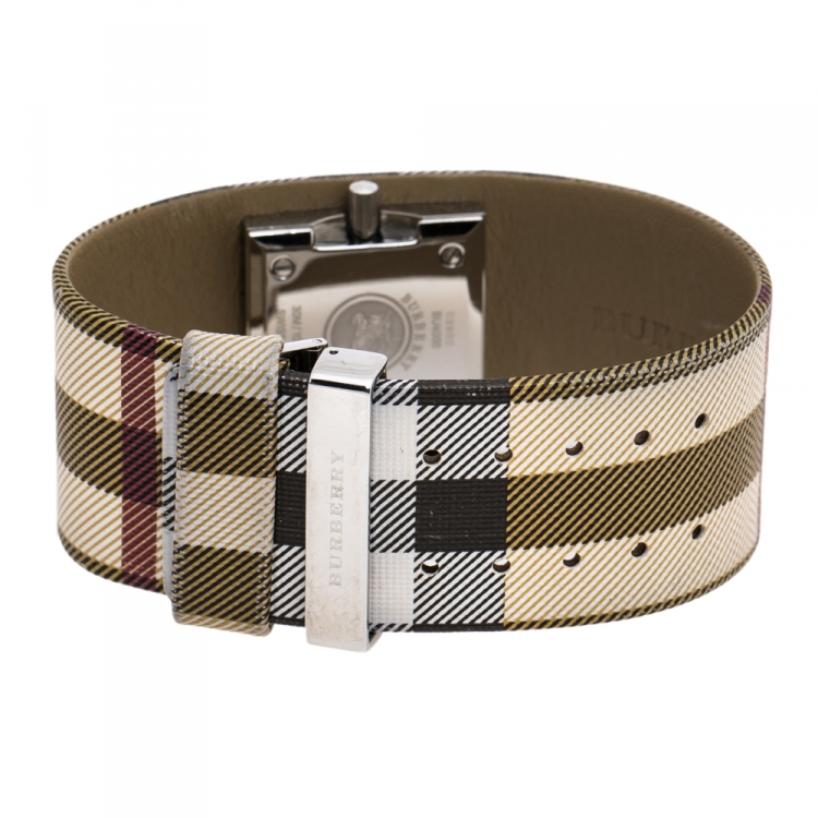 Pre Owned Burberry White Stainless Steel Canvas Signature Nova Check BU4000 Women's Wristwatch 22 mm