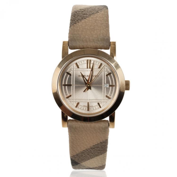 Pre Owned Burberry Gold Haymarket Womens Wristwatch 29 MM
