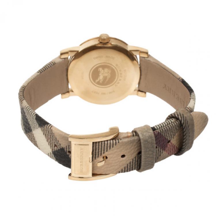 Pre Owned Burberry Gold Haymarket Womens Wristwatch 29 MM