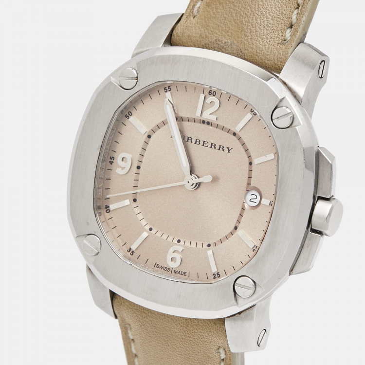 Pre Owned Burberry Champagne Stainless Steel Leather The Britain BBY1500 Women's Wristwatch 38 mm