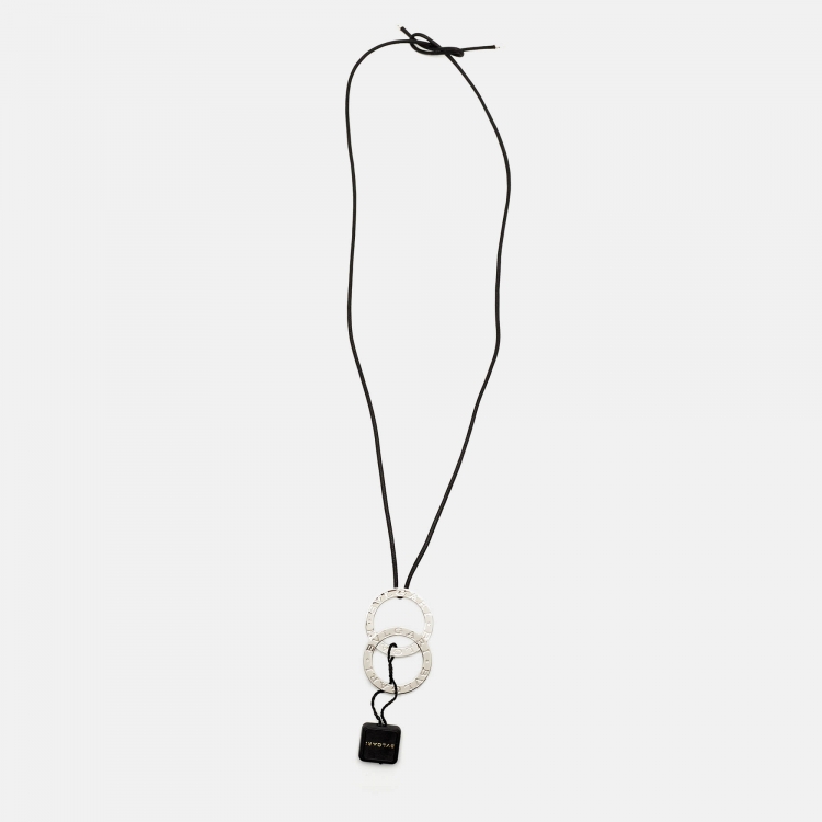 Pre Owned Bvlgari Fortuna Grande Sterling Silver Pendant Black Cord Necklace