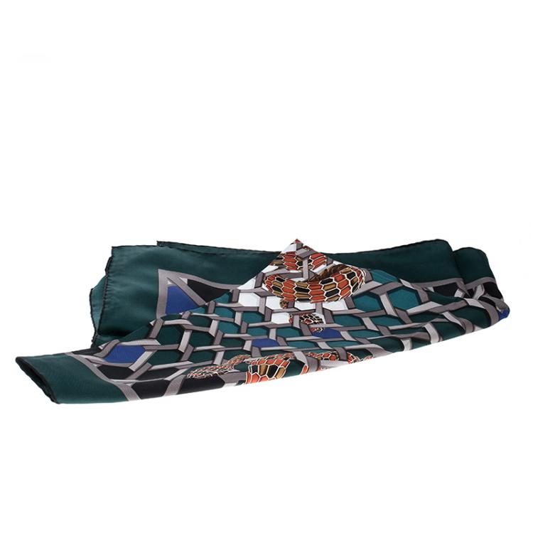 Pre Owned Bvlgari Forest Green Tangled Serpenti Print Square Silk Scarf