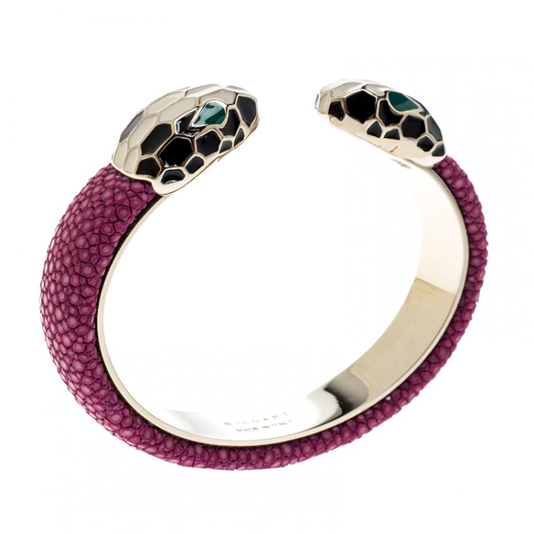 Pre Owned Bvlgari Serpenti Forever Enamel & Pink Galuchat Leather Gold Plated Open Cuff Bracelet 