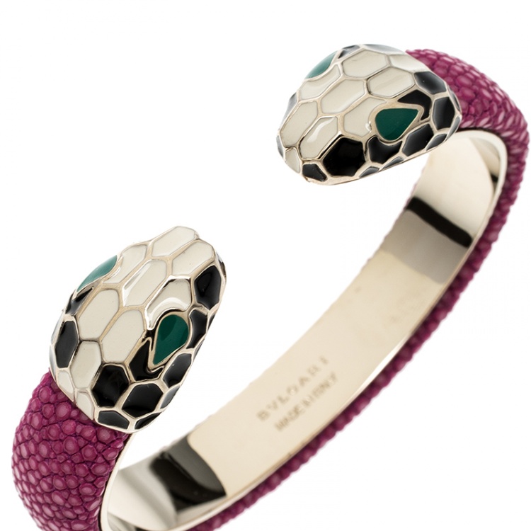 Pre Owned Bvlgari Serpenti Forever Enamel & Pink Galuchat Leather Gold Plated Open Cuff Bracelet 