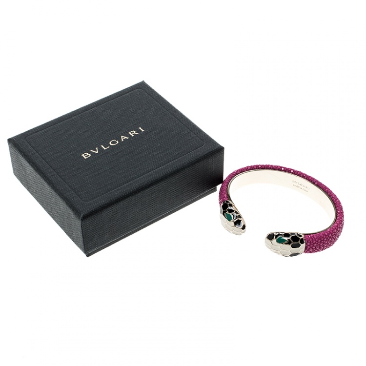 Pre Owned Bvlgari Serpenti Forever Enamel & Pink Galuchat Leather Gold Plated Open Cuff Bracelet 