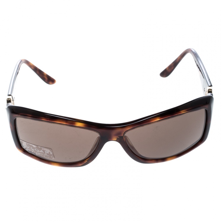 Pre Owned Bvlgari Brown Havana 8007-B Embellished Crystal Rectangular Sunglasses