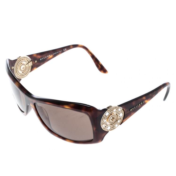 Pre Owned Bvlgari Brown Havana 8007-B Embellished Crystal Rectangular Sunglasses