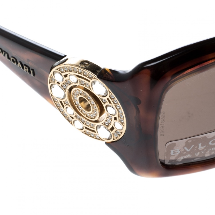 Pre Owned Bvlgari Brown Havana 8007-B Embellished Crystal Rectangular Sunglasses