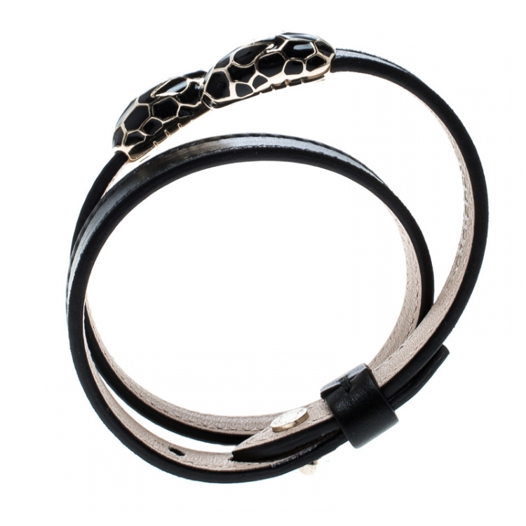 Pre Owned Bvlgari Serpenti Forever Enamel Black Double Coiled Leather Gold Tone Bracelet