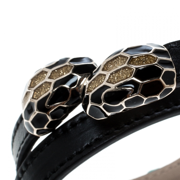 Pre Owned Bvlgari Serpenti Forever Enamel Black Double Coiled Leather Gold Tone Bracelet
