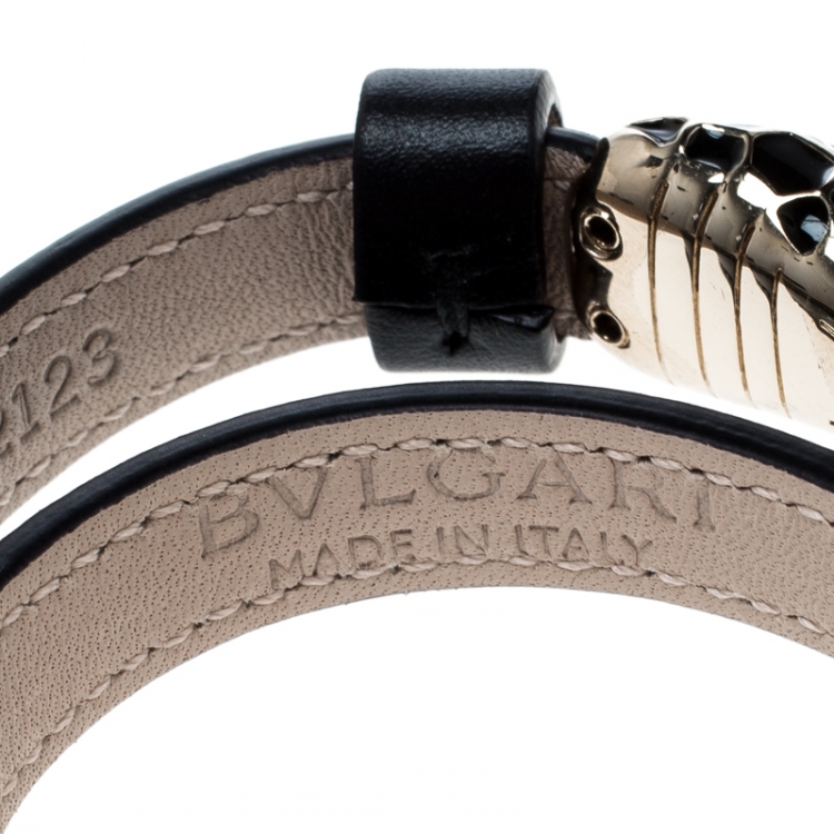Pre Owned Bvlgari Serpenti Forever Enamel Black Double Coiled Leather Gold Tone Bracelet